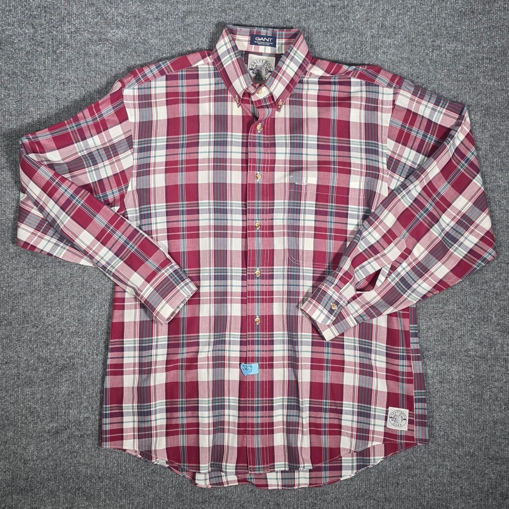Gant Salty Dog Mens Plaid Button Down‎ Shirt Burgundy Teal White Medium Vintage